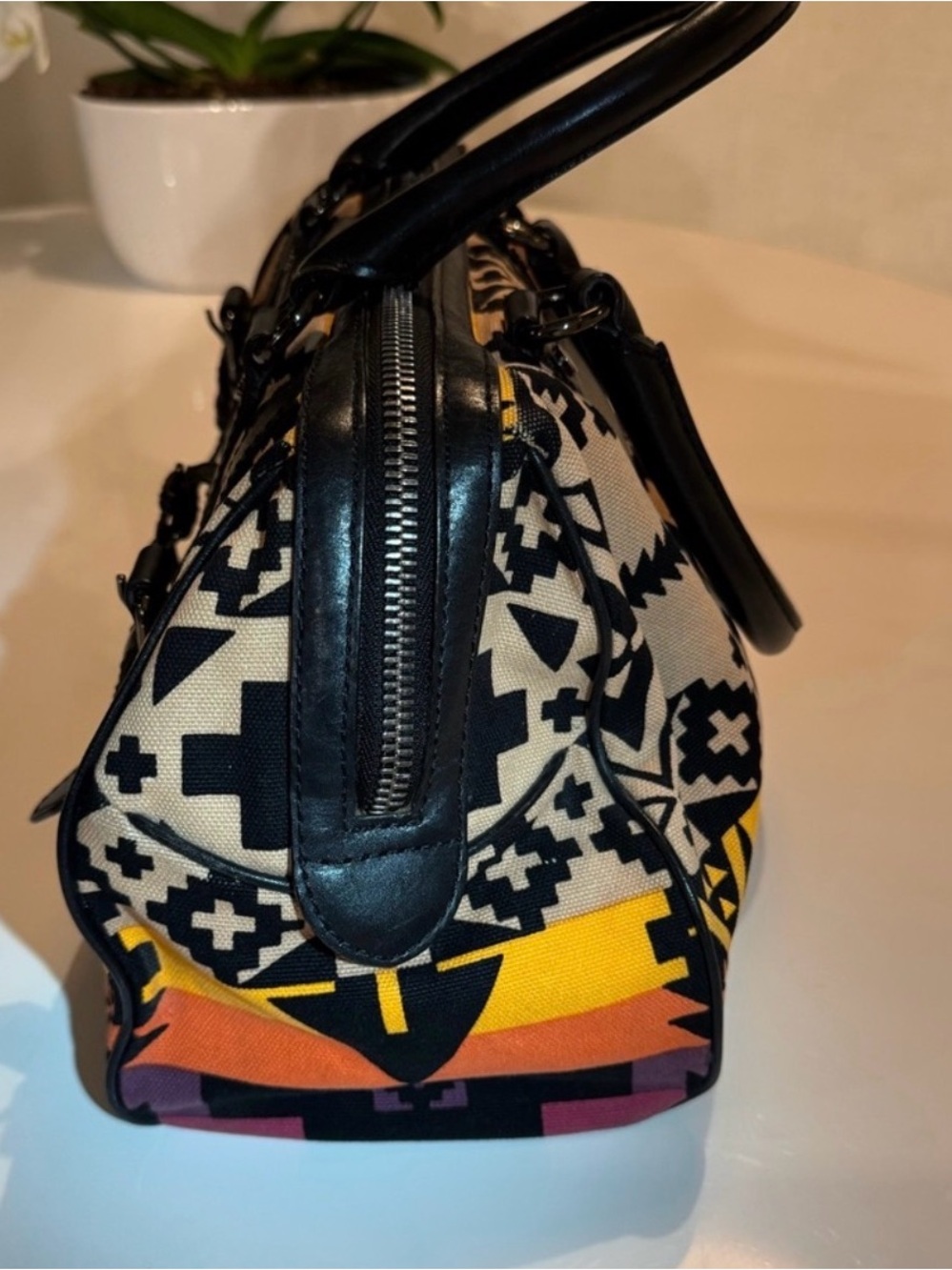 L.A.M.B. Multicolor Aztec Print Canvas & Leather Satchel w gunmetal hardware! - Picture 4 of 11